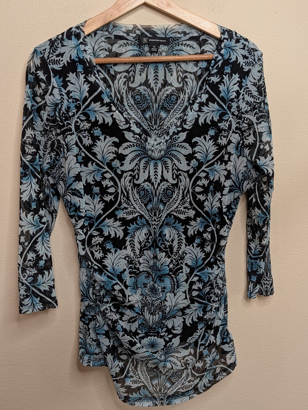 INC International Concepts Black and Light Blue Floral Print V-Neck Blouse